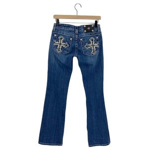 Miss Me Blue Boot Cut Jeans with Gold Embroidery